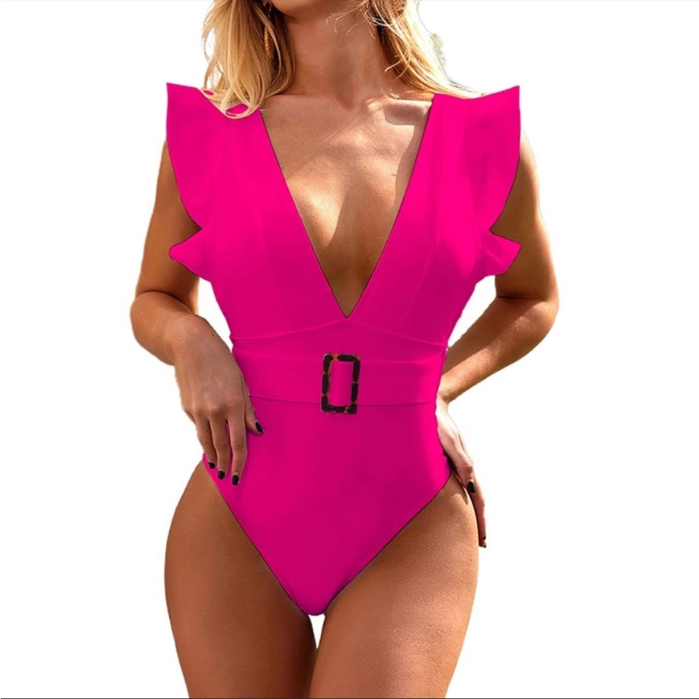Barbiecore Avanova Women’s One Piece Swimsuit Ruffle Deep V Neck Belt Hot Pink